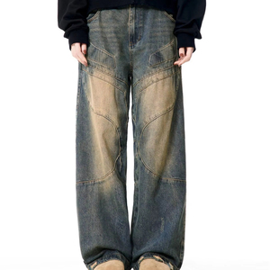 Jeans al por mayor personalizados para hombre, estilo urbano, hip hop, con dobladillo sin rematar, holgados, descoloridos por el sol, de corte recto, azul oscuro, de pierna ancha - Product Image 2