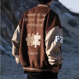 Blouson universitaire marron pour homme Lucky Arrive avec broderie lettre A, coupe classique, col rabattu, tenue décontractée d'automne - Product Image 2