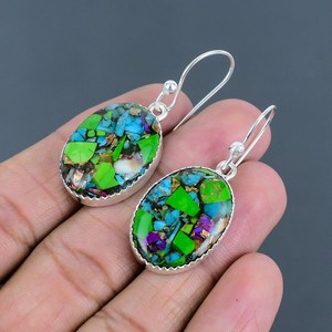 Boucles d'oreilles artisanales en turquoise verte, argent sterling 925, cuivre, pierres précieuses, bijoux uniques, élégants et tendance - Product Image 4