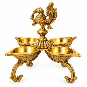 Handcrafted Brass Peacock Five Bowl Diya <b>Oil</b> <b>Lamp</b> Traditional Puja Deepak for Home Temple Diwali Wedding Decor - Product Image 1