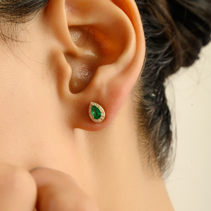 Dainty Minimalist Simple <b>Emerald</b> & Diamond Wholesale Pear Shape Halo <b>Stud</b> Earrings For Girls 14K Real Yellow Gold Women Jewelry - Product Image 2