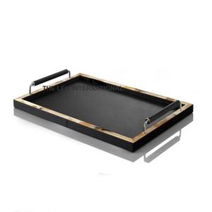 Bandeja Decorativa para Mesa de Centro, Bandejas de Madera Negra con Asas Metálicas, Forma Rectangular, para Uso en el Hogar - Product Image 1