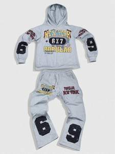 Custom Patchwork Flared Pants and Hoodie <b>Set</b> Applique Distressed <b>Embroidery</b> Tracksuit Men Acid Wash Slim Fit Tracksuits For Men - Product Image 5