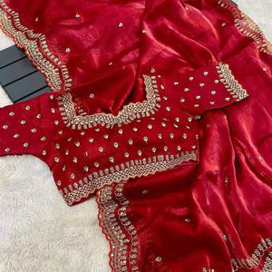 Nuevo y Moderno Sari Pre-Drapeado de Georgette Ligero, Inspirado en Celebridades, con Blusa Sin Costuras, para Mujer, Ideal para Fiestas de Invierno en India - Product Image 2