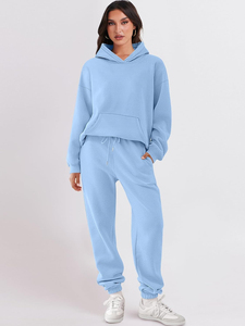Conjunto Deportivo para Mujer, Sudadera con Capucha Azul Claro, Pantalones Deportivos, Corte Holgado Informal, Manga Larga, Color Sólido, Transpirable, de Algodón, para Otoño - Product Image 3