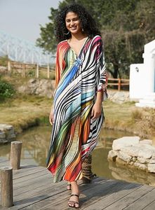 Robe Abaya Maxi Col V Manches Trois-Quarts Imprimé Géométrique Coupe Ample Ourlet Asymétrique Polyester Femme Plage Été Bohème - Product Image 5