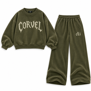 High Quality Rhinestone Gothic Print Oversized Sweatshirt Wide Leg Joggers Olive Green <b>Sparkly</b> Tracksuit 100% Cotton Fleece Set - Product Image 5
