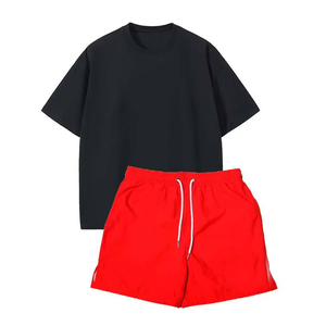 Ensemble T-shirt et short décontracté pour homme, couleur unie noir et rouge, nouvelle collection été, vêtements de marque pour homme, ensemble 2 pièces, 100% coton - Product Image 2