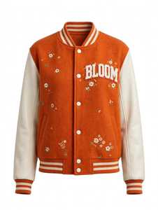 Chaqueta Varsity Naranja de Invierno para Mujer con Cuello Alto y Letras Bordadas en Chenilla con Diseño Floral - Product Image 1
