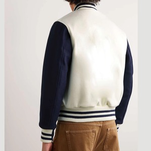 Veste universitaire blanche pour homme, manches bleu marine, style preppy, coupe classique, fermeture boutonnée, pour l'automne, 100 % laine, logo sur le devant - Product Image 2