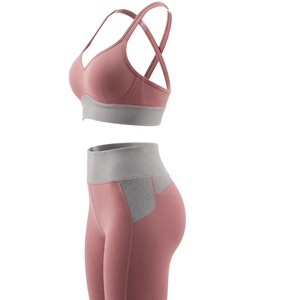 Women's Pink Yoga Set Racerback Sports Bra High Waist Full Length <b>Leggings</b> <b>Seamless</b> Spandex Nylon Breathable - Product Image 4