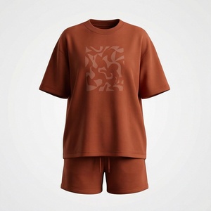 Ensemble de shorts en coton tricoté 2 pièces pour femmes, col rond, manches courtes, coupe ample, imprimé géométrique, décontracté, printemps-été - Product Image 1