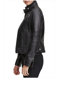 <b>Women's</b> Genuine <b>Leather</b> <b>Moto</b> <b>Jacket</b> Stand Collar Full Sleeve Zipper Closure Solid Color Autumn Wear - Product Image 2
