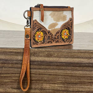 Premium Western Genuine Cowhide Tooled <b>Leather</b> Yellow Flower Luxury Design Zipper Mini <b>Wallet</b> Card Holder For Unisex <b>Wallet</b> - Product Image 2