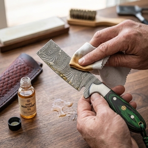 Cuchillo de vaquero occidental de acero de Damasco con mango de madera Pakkawood verde y funda de cuero, directo de fábrica. - Product Image 5