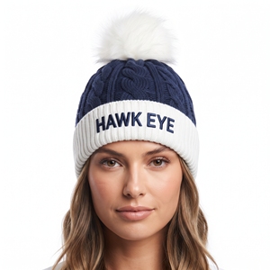 Bonnet en tricot torsadé bicolore tendance avec logo brodé personnalisé et pompon, bonnet d'hiver unisexe, mode streetwear - Product Image 5
