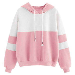 Womens Oversized Color Blocked Hoodie Pink White Drop Shoulder Long Sleeve Woven Sweatshirt Tassel Drawstring Winter 100% Cotton - Product Image 1