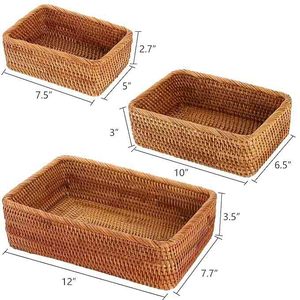 Highest Quality Handmade 3pcs Rattan Storage Baskets Popular Hot Selling Rectangular Wicker Basket Organizer Tabletop Decoration - Product Image 5