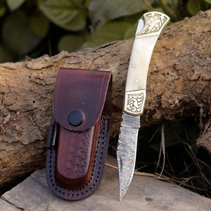 Custom Handmade Hunting Damascus Steel Straight Back Lock Folding <b>Knife</b> Leather Sheath Camel <b>Bone</b> <b>Handle</b> Brass Engraved Accents - Product Image 1