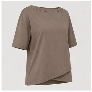T-shirt pour femme, couleur taupe brun, col bateau, manches aux coudes, coupe décontractée, WTS-0089 - Product Image 3