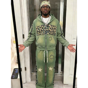 Ensemble de survêtement vert zippé à capuche pour homme, imprimé léopard, strass étoile, style hip-hop, 2 pièces (sweat-shirt et pantalon de survêtement) - Product Image 1