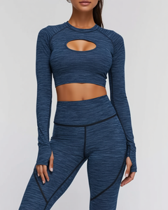 Black Turtleneck Long Sleeve Crop Top Yoga Set High Waist <b>Leggings</b> 2 Piece Cut-Out Design Seamless Workout Wear - Product Image 3
