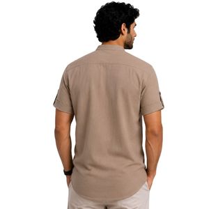 Camisa Casual de Lino y Algodón para Hombre, Color Caqui, Cuello Mandarín, Manga Corta, Transpirable, Verano, Bordada, Manga Enrollable, Personalizada OEM - Product Image 2