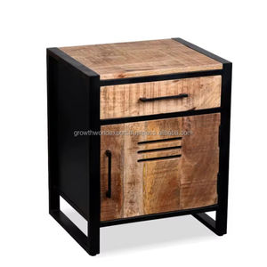Mesa de Noche Industrial de Madera de Mango con Estructura Metálica, Mesita de Noche de Madera con Cajón y Puerta, Mueble Auxiliar para Dormitorio - Product Image 1