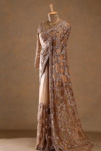 Luxury Rose Gold <b>Sequin</b> Saree Gown with Designer <b>Jacket</b> for Women Wedding Party Wear Reception Cocktail Evening Dress - Product Image 4