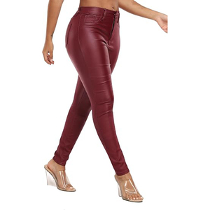 Pantalones Rectos de Cintura Alta para Mujer, de Cuero Sintético, Color Sólido, Largos, Ajustados, Elásticos, Estilo Club, para Otoño - Product Image 3
