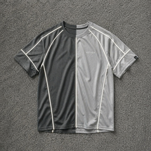 High Quality Custom <b>Reflective</b> Piping Running Shirt Men's Breathable Mesh Quick Dry Split Color Half and Half Gym <b>Top</b> OEM Sports - Product Image 1