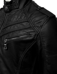 Blouson de moto en cuir PU noir pour homme, col montant, fermeture éclair, coupe ajustée, style motard, pour l'automne - Product Image 6