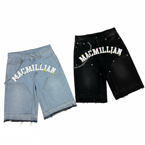 Loose Fit Denim Streetwear <b>Shorts</b> <b>Men's</b> Heavyweight Customized Colors & Logo Front <b>Patches</b> Distressed Raw Hem High Quality - Product Image 4