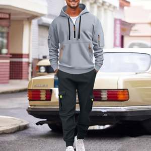 Hoodie Sets for Men Quarter <b>Zip</b> Cargo Sweatshirts & Sweatpants Tracksuit 2 Piece Set Winter Fleece Lined Sweatsuits with Pockets - Product Image 3