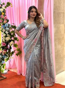 Indian Trending Beautifully Designed <b>Saree</b> Heavy Silk With Handwork Chocolate Lady <b>Saree</b> for Party and Fully <b>Stitched</b> - Product Image 3