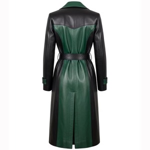 Women’s Black & Green Genuine <b>Leather</b> <b>Trench</b> <b>Coat</b>, <b>Long</b> Belted <b>Leather</b> <b>Coat</b>, Double Breasted Luxury Overcoat, Elegant Winter - Product Image 2