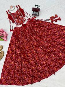 Blusa LEHEGA Roja Larga Hasta el Suelo con Estampado Geométrico para Mujer, Ropa Tradicional India, Estilo Boda, Vestido Holgado de Poliéster - Product Image 6