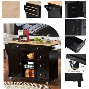 Isola da Cucina Mobile con Ruote da 53 Pollici, con Spazio di Archiviazione e 5 Cassetti, Piano in Legno di Gomma, Carrello da Cucina - Product Image 6