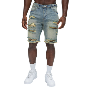 Pantalones Cortos de Mezclilla Azul Claro para Hombre, 100% Algodón, Cinco Bolsillos, Corte Regular, Casual, Verano, Largo hasta la Rodilla, Dobladillo Deshilachado, Estilo Urbano - Product Image 1