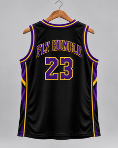 Maillot de basketball Fly Humble noir, violet et or 23, débardeur en mesh sublimé, unisexe adulte, toutes saisons, prix de gros, personnalisable - Product Image 1
