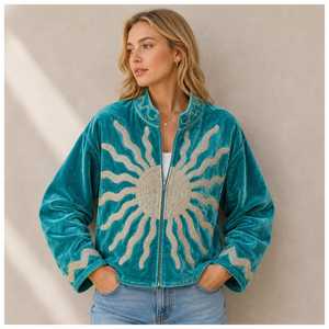 Handmade <b>Velvet</b> Jacket <b>for</b> <b>Women</b>, Rust Brown Embroidered Jacket, Green Floral Embroidery, Boho Vintage <b>Velvet</b> <b>Coat</b> - Product Image 3