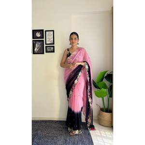 DISEÑADOR GEORGETTE DIGITAL IMPRESO BORDADO TRABAJO SAREE CON BLUSA DESCOSTADA BEBÉ ROSA - Product Image 1