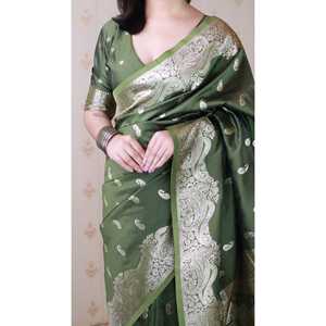 Sari de Seda Suave Banarasi Verde Mehendi con Zari Plateado Tejido, Prenda Tradicional India Premium, Tejidos de Élite, 650g - Product Image 5