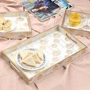 Ensemble de plateaux de service rectangulaires contemporains en bois artisanal à motifs floraux de luxe avec poignées pour table basse, thé, petit-déjeuner, décoration intérieure - Product Image 5