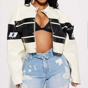 Chaqueta de Motociclista Corta de Cuero Genuino de Alta Calidad para Mujer, con Cuello Alto y Bordado de Parches Estilo Urbano - Product Image 3