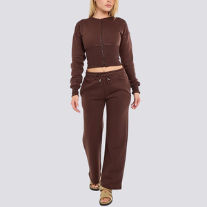 Custom Daily Casual Wear Zipper Crop Coat Top Drawstring Waist Solid Color 2 Pieces <b>Sweatpants</b> and Sweatshirt <b>Women</b> Set - Product Image 4
