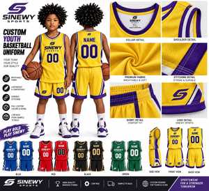 Uniforme de Baloncesto Juvenil SINEWY SPORTS, Conjunto Amarillo y Morado, Jersey y Pantalones Cortos de Malla Sublimada, Transpirable, Nombre y Número Personalizables - Product Image 1