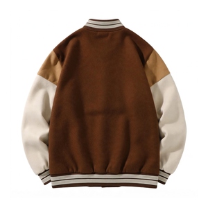 Heavyweight Wool And PU Leather Varsity Jacket Vintage Brown <b>Colour</b> block Letterman Snap Button Casual Streetwear Outerwear - Product Image 2