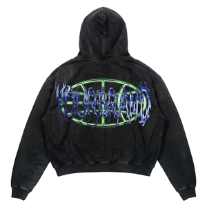 เสื้อฮู้ดดี้ผู้ชาย 420 GSM ผ้าฝ้ายผสมโพลีเอสเตอร์ พรีเมียม ฟลีซ แอซิดวอช สีดำ ทรงโอเวอร์ไซส์ พิมพ์ลายพัฟ พิมพ์สกรีน ปักโลโก้ตามสั่ง - Product Image 2