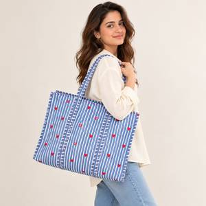 Blue and <b>White</b> Striped Heart Printed Canvas Tote Bag Women Shoulder Shopping Bag - Product Image 1